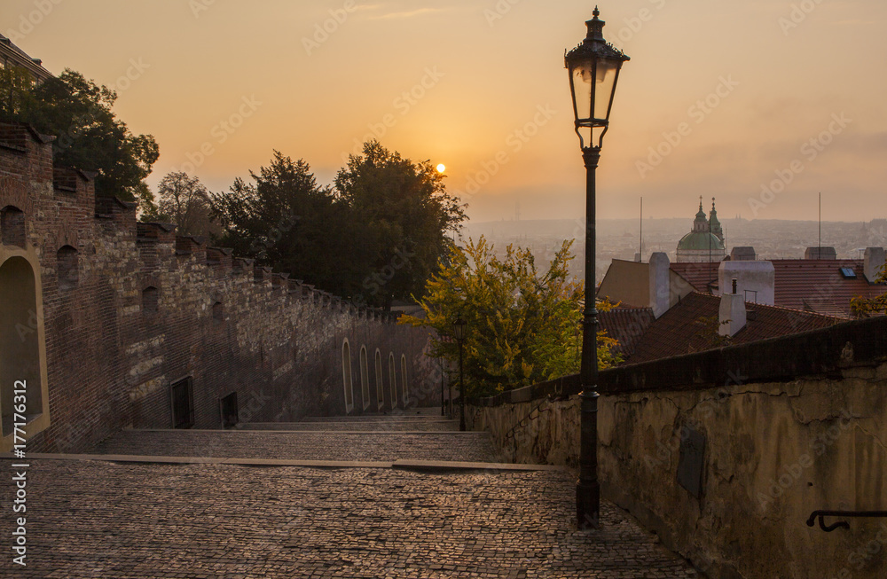 Beautiful morning in Prague. Prague at dawn in the autumn season.