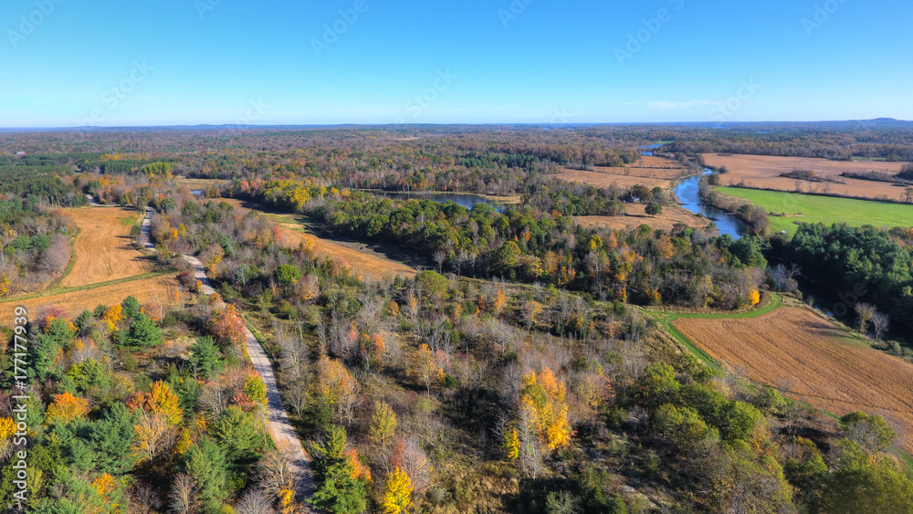 Aerial View of Farmlands with Fall Colors 