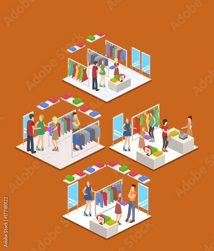 Isometric 3D vector shopping in clothes store