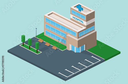 Isometric 3D vector illustration Hospital building and ambulance with parking spaces and park with benches