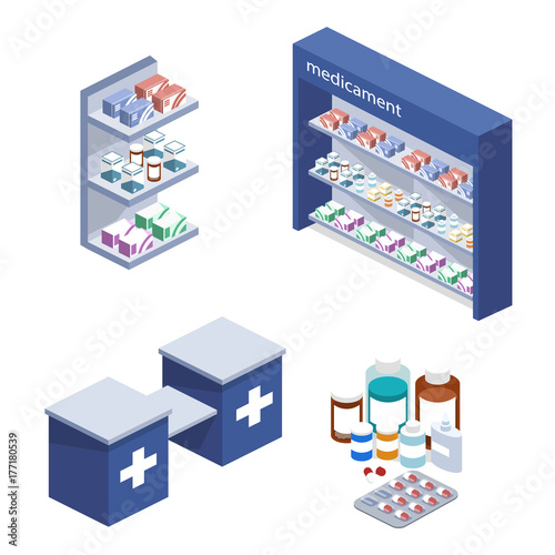 Isometric 3D vector illustration pharmacy store with customers