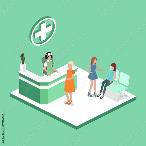 Isometric 3D vector illustration hospital reception with patients. Pregnant women are waiting for reception in the lobby