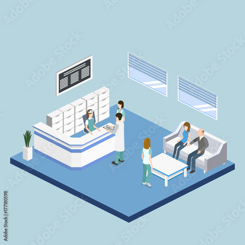Isometric 3D vector illustration hospital reception with patients