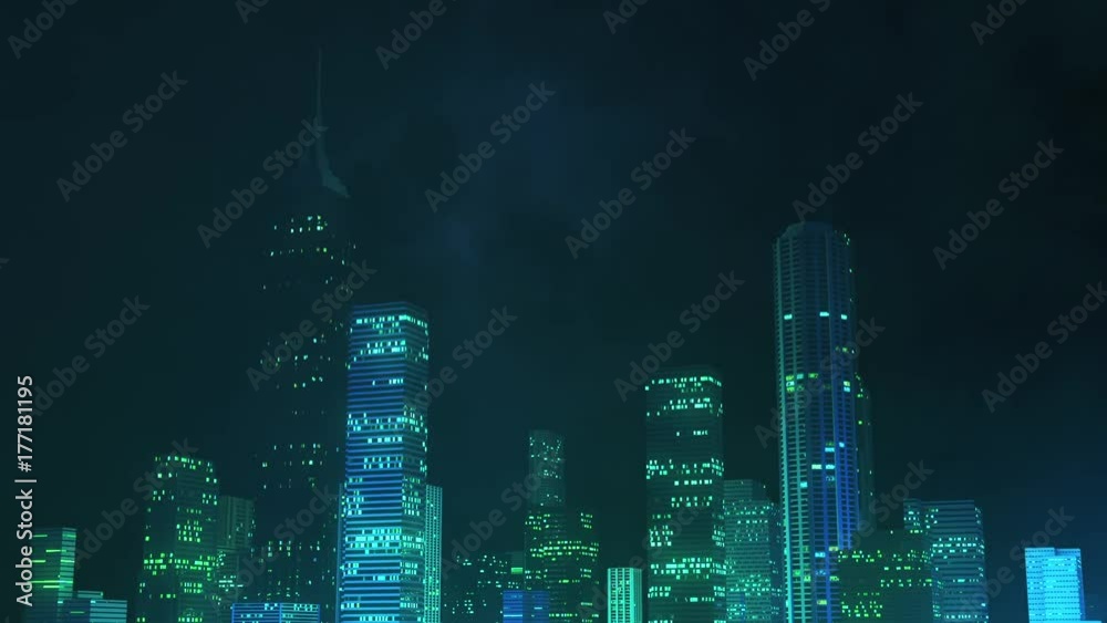 Computer generated lighting storm over city at night