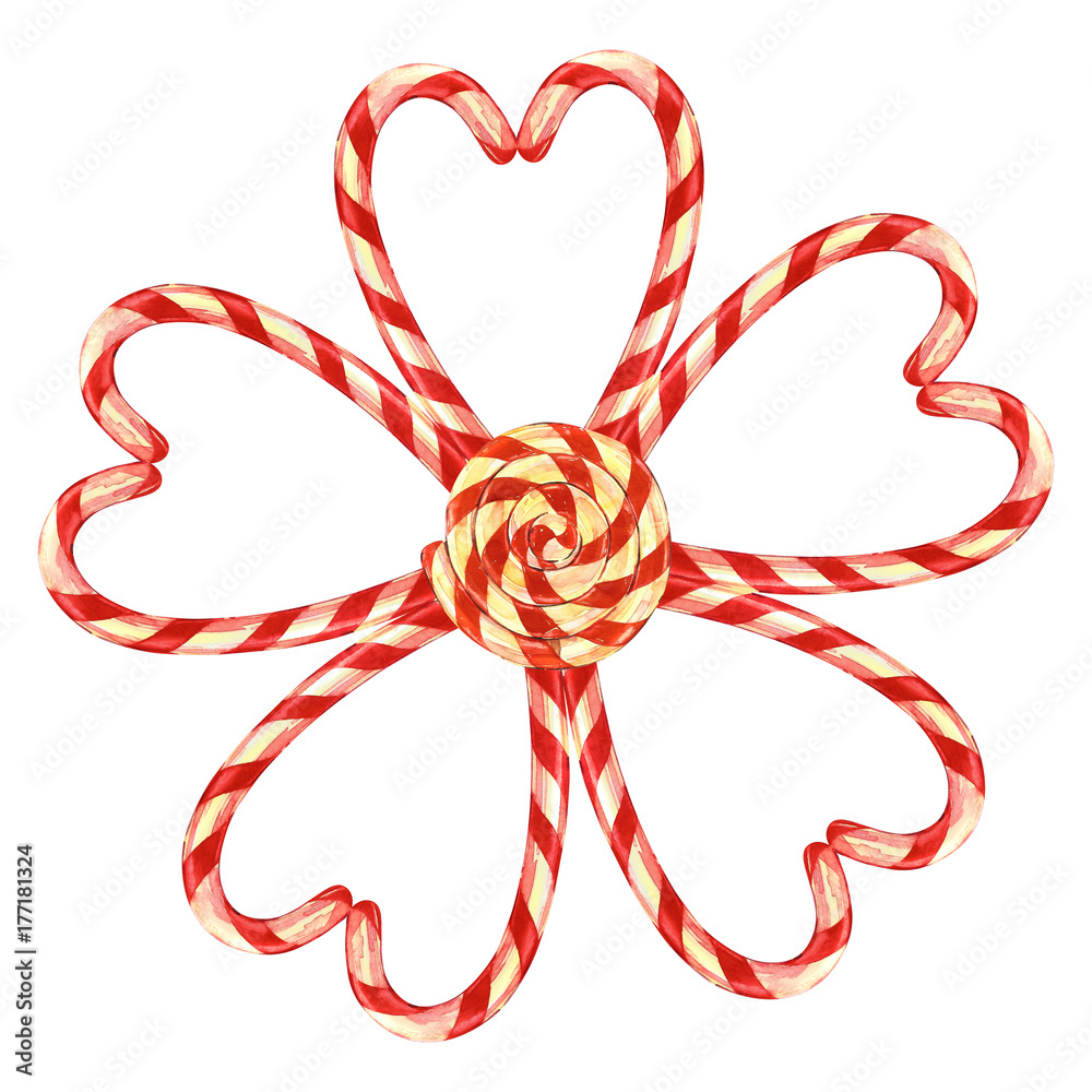 Lollipop, Flower laid out with Christmas candies with a berries. Elements for a Christmas card. Watercolor illustration isolated on white background. Lollipop, Flower laid out with Christmas candies with a berries. Elements for a Christmas card. Watercolor illustration isolated on white background.