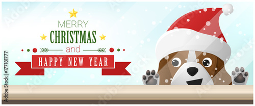 Merry Christmas and Happy New Year background with beagle dog looking at empty table top , vector , illustration