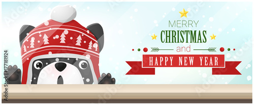 Merry Christmas and Happy New Year background with french bulldog looking at empty table top , vector , illustration