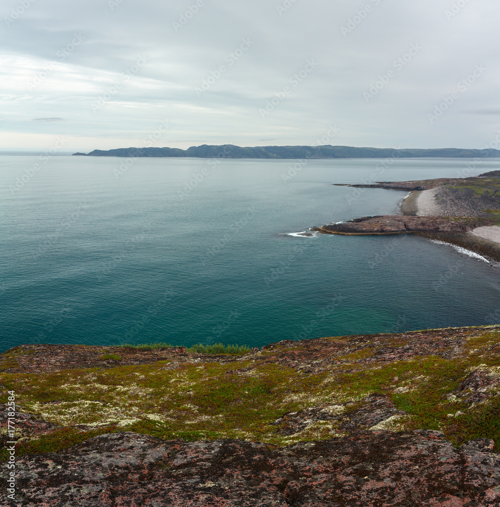 View on the rocky shore of the Barents sea. Kola Peninsula, The Arctic, Russia.