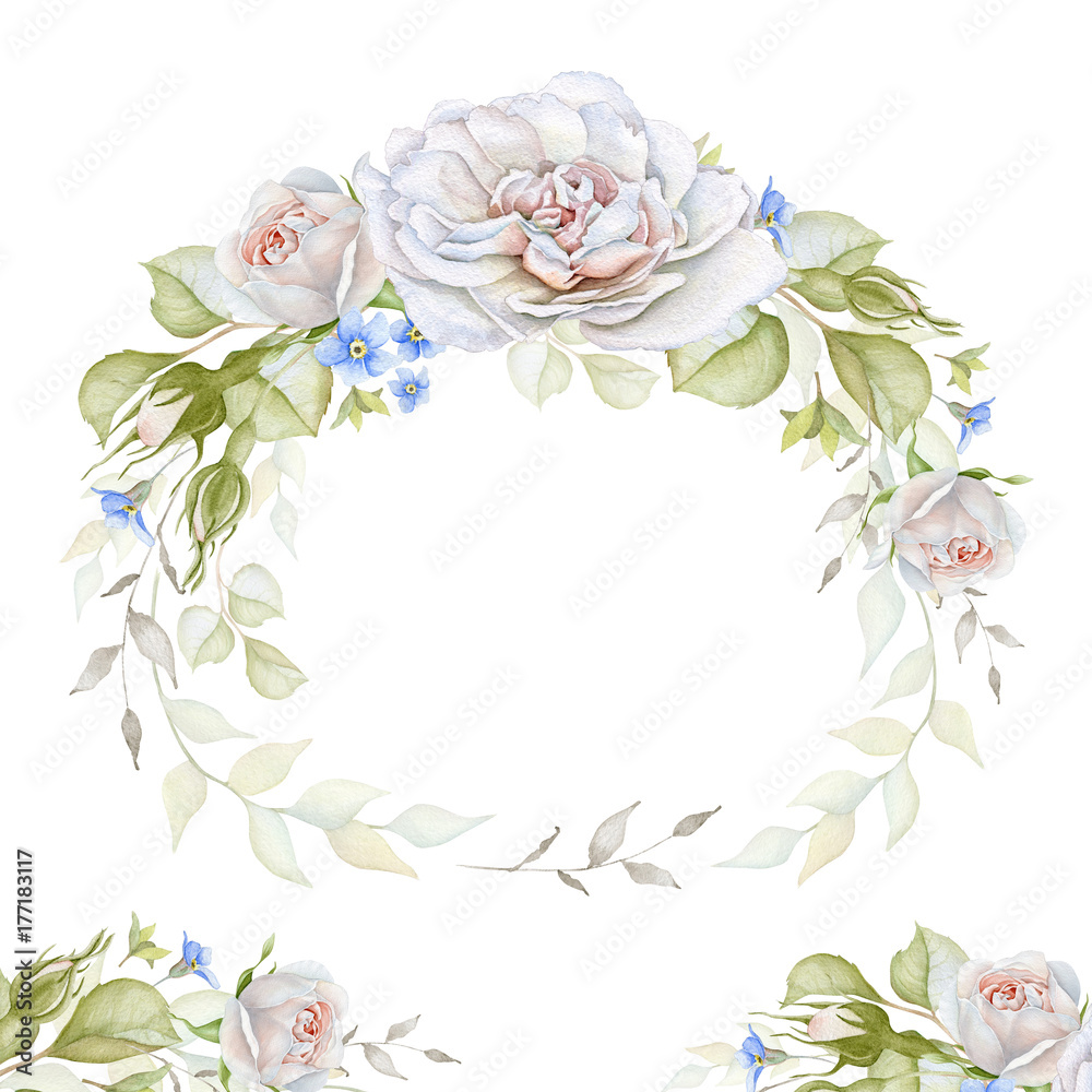 Watercolor rose wreath and border isolated on white background