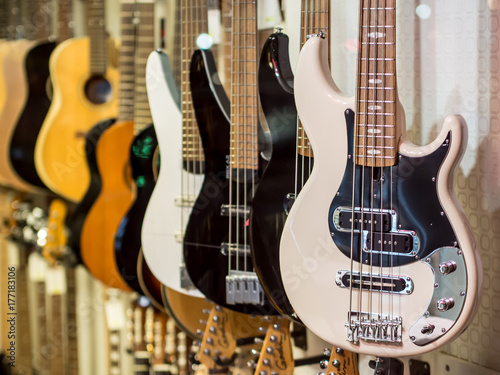 guitars hanging in music store