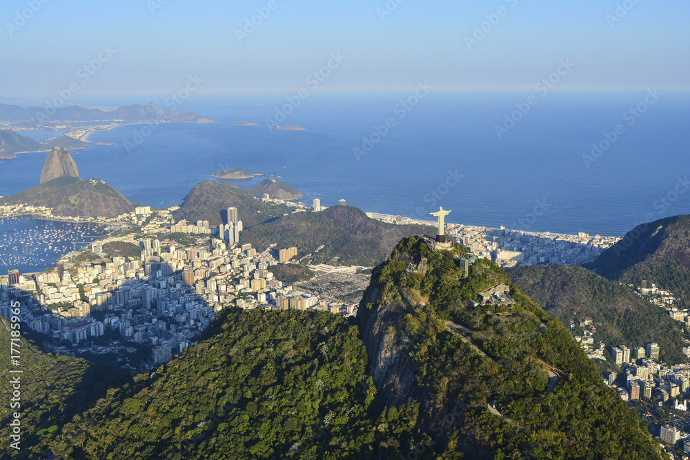 Aerial photo of Rio de Janeiro with Christ Redeemer on Corcovado mountain
