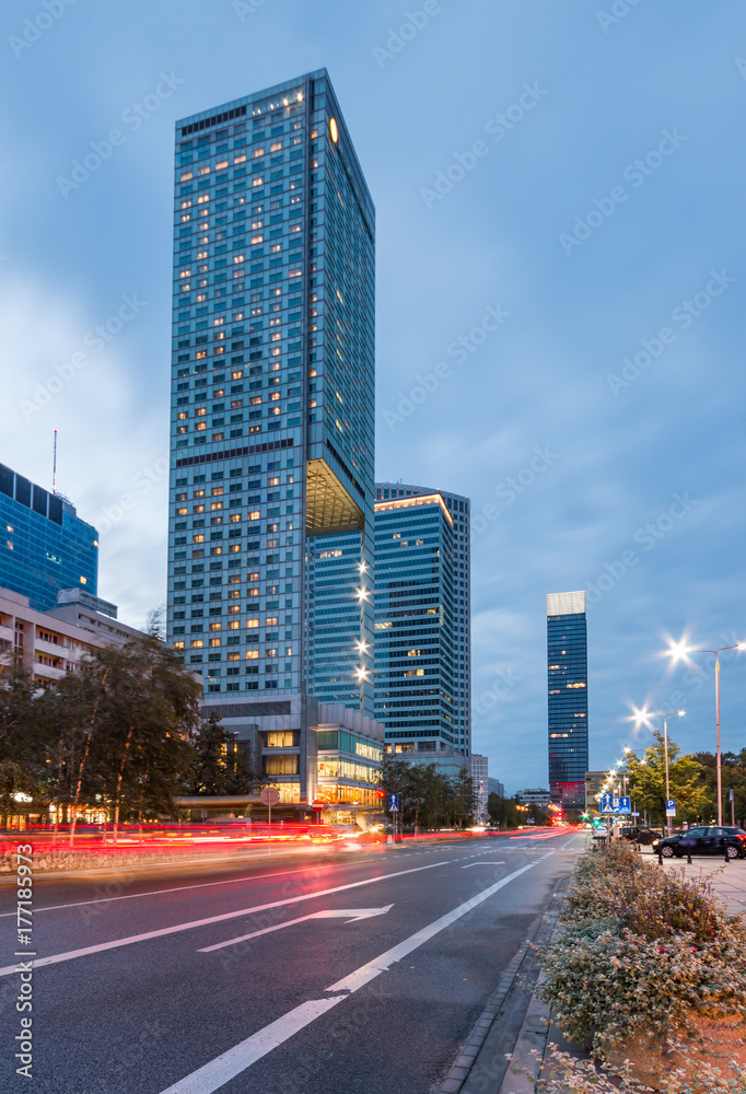 Warsaw, capital of Poland, modern skyscrapers on Emilii Plater street in the evening