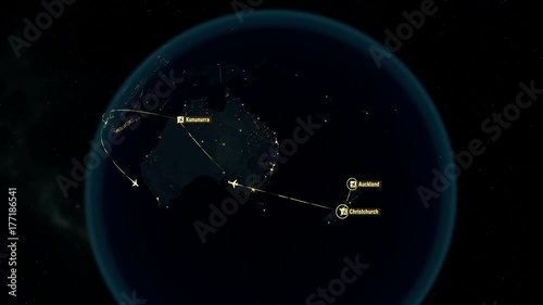 World Airplane Flight Travel Plans Connections. South Hemisphere. Fast Version.  The camera moves from New Zeland to South America through Australia, Indonesia, South Africa.