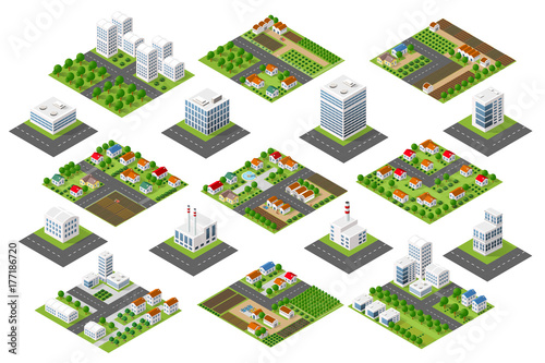  Urban district of the city in isometric landscape town infrastructure of houses, streets and buildings © AlexZel