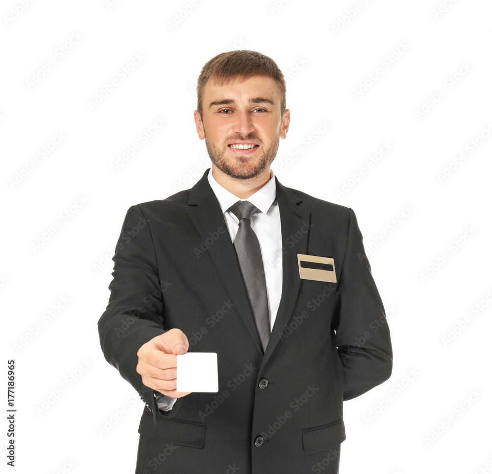 Male hotel receptionist with card on white background Male hotel receptionist with card on white background