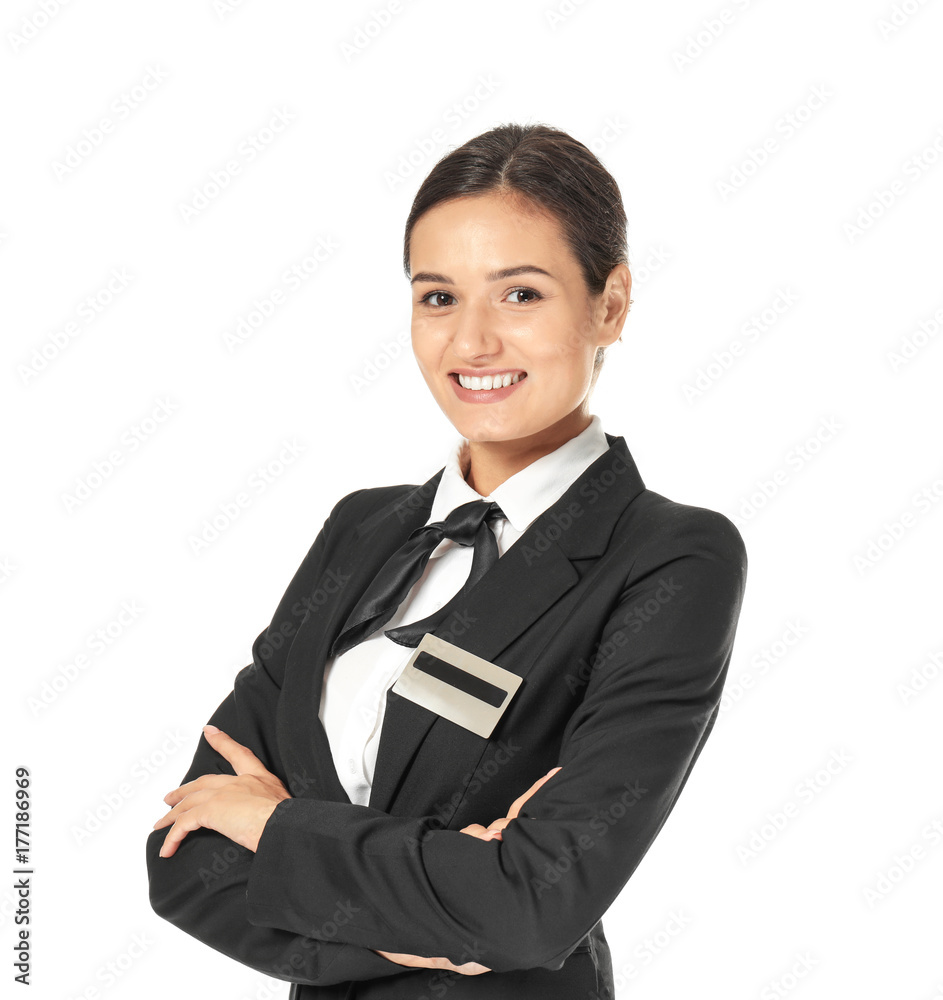 Female hotel receptionist in uniform on white background Female hotel receptionist in uniform on white background