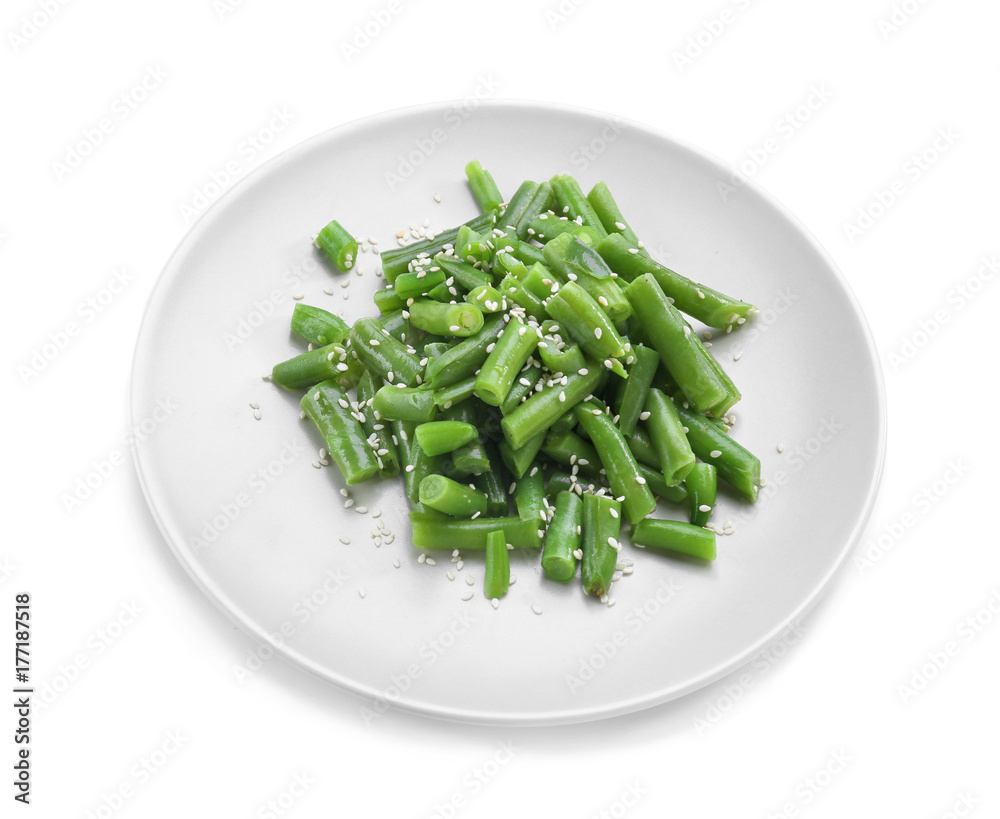 Plate with delicious green beans salad, isolated on white Plate with delicious green beans salad, isolated on white