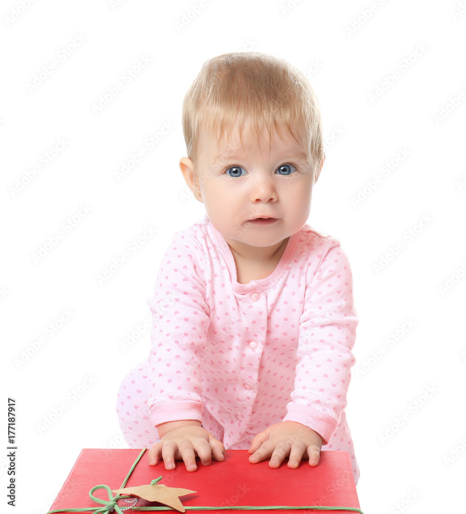 Adorable baby with Christmas gift box on white background Adorable baby with Christmas gift box on white background