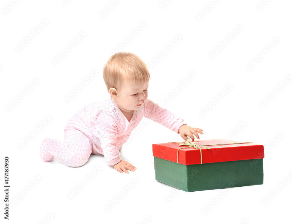 Adorable baby with Christmas gift box on white background Adorable baby with Christmas gift box on white background