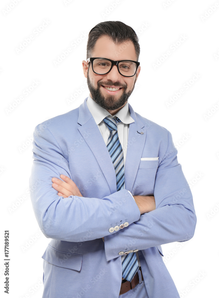 Handsome successful businessman on white background