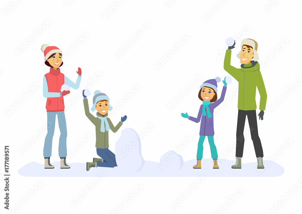 Happy family throwing snowballs - cartoon people characters illustration