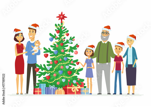 Happy family celebrates Christmas - cartoon people characters illustration
