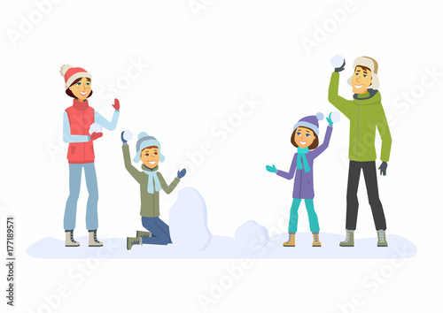 Happy family throwing snowballs - cartoon people characters illustration