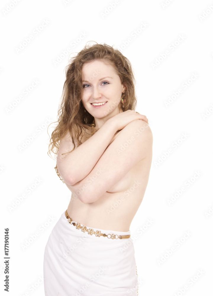 Emotions of beautiful girl in a white skirt, Topless. Emotions of beautiful girl in a white skirt, Topless.