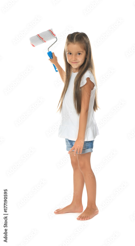 Little cute girl with paint roller on white background Little cute girl with paint roller on white background