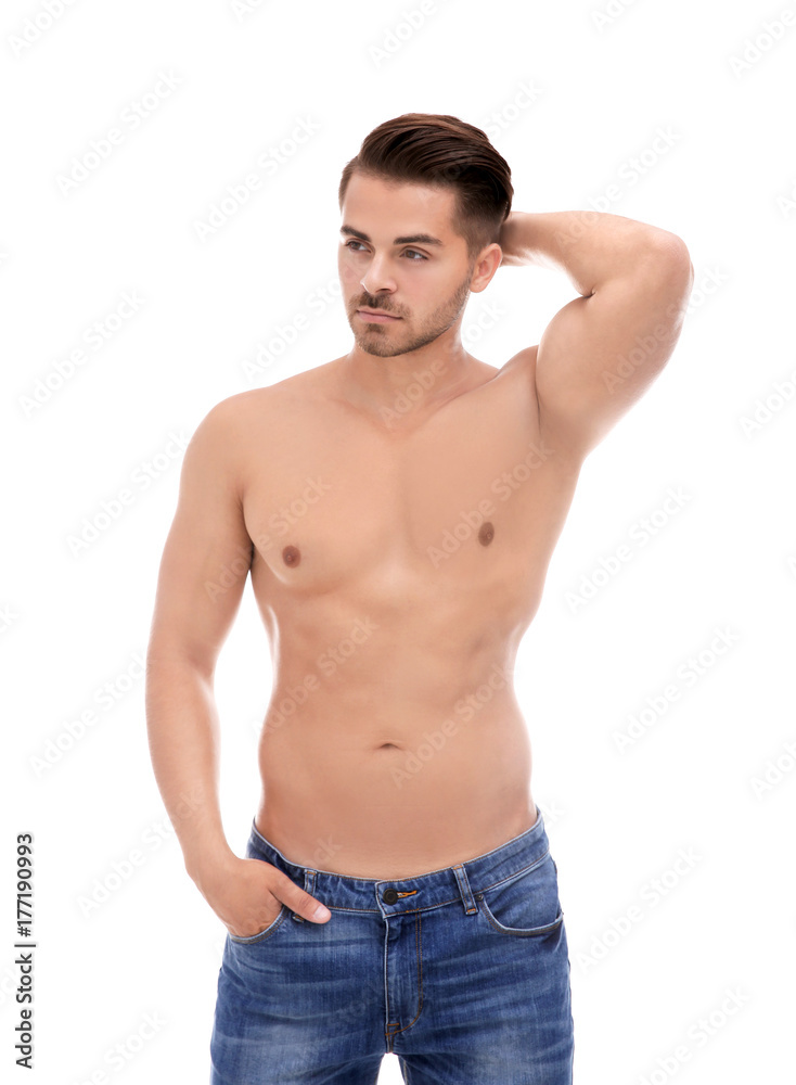 Sexy shirtless man on white background