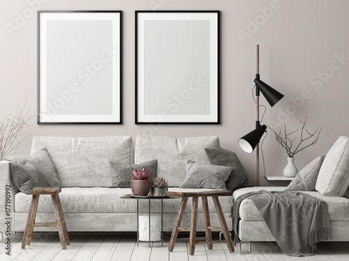 Mock up posters in Nordic hipster living room, 3d render, 3d illustration