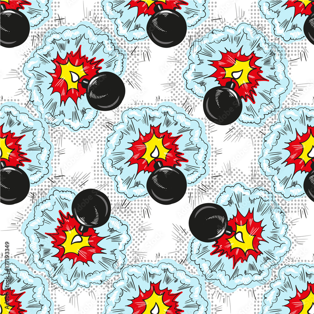 Bomb explosion pop art comic seamless pattern Bomb explosion pop art comic seamless pattern