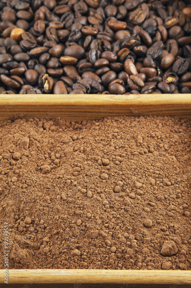 Grains of coffee, cocoa powder in a box Grains of coffee, cocoa powder in a box