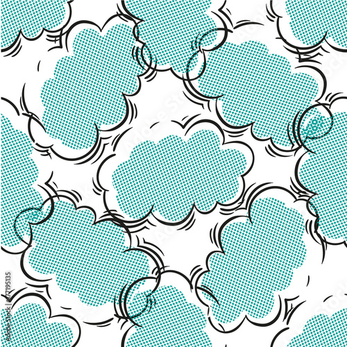 Black and blue seamless pattern with clouds, halftone style