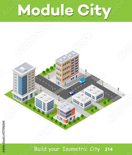 Urban district of the city in isometric landscape town infrastructure of houses, streets and buildings
