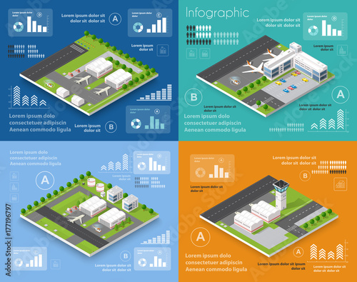 Airport with city airplanes in isometric landscape urban transport infrastructure from houses, streets and buildings