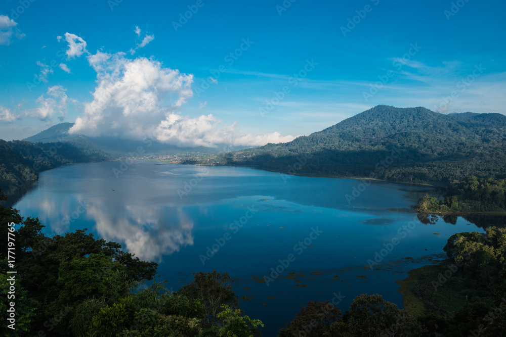 Beatiful view over the lake. Lake and mountain view from a hill, Buyan Lake, Bali.