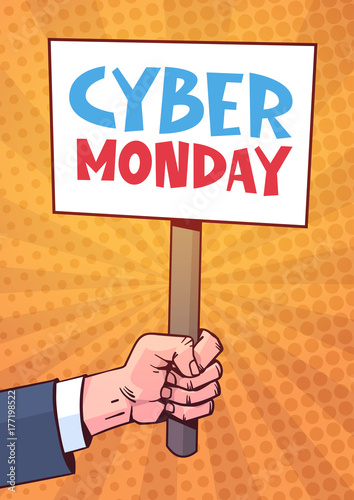 Hand Holding Banner With Text Cyber Monday Over Pin Up Style Background, Sale Deals Design Online Holiday Shopping Concept Vector Illustration