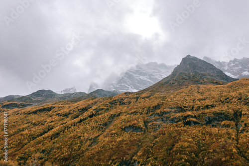 Fototapeta Naklejka Na Ścianę i Meble -  Mountain landscape with road of golden autumn. Caucasus Mountains, Dombay
