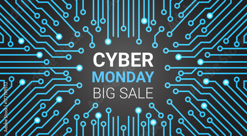 Cyber Monday Banner With Circuit Background, Big Technology Sale Online Shopping Concept Vector Illustration