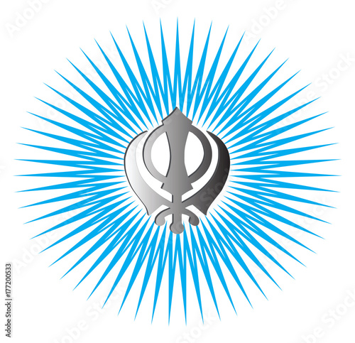 The main symbol of Sikhism – sign Khanda made of white metal. Gradient blue rays