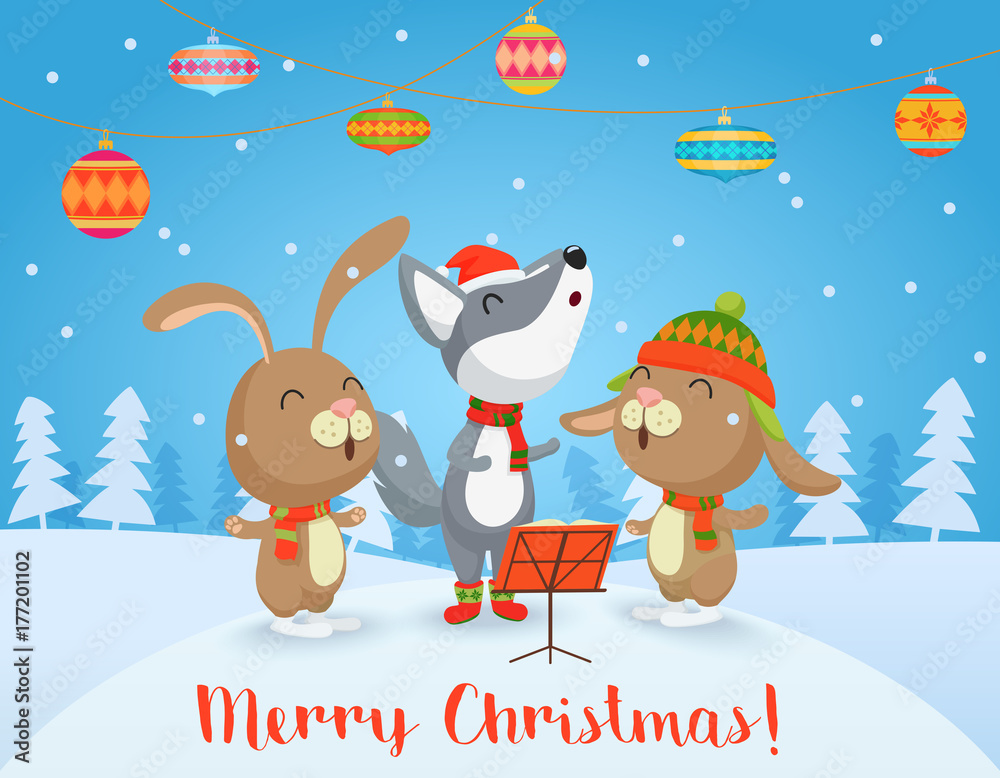 Vector Happy Christmas card with cute Wolf and rabbits friends sing songs together. Merry Christmas. Vector Happy Christmas card with cute Wolf and rabbits friends sing songs together. Merry Christmas.