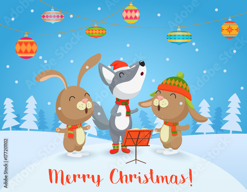 Vector Happy Christmas card with cute Wolf and rabbits friends sing songs together. Merry Christmas.