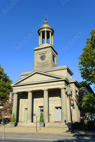 United First Parish Church was built in 1828 in downtown Quincy, Massachusetts, USA. Presidents John Adams and John Quincy Adams are buried in the family crypt beneath the church.
