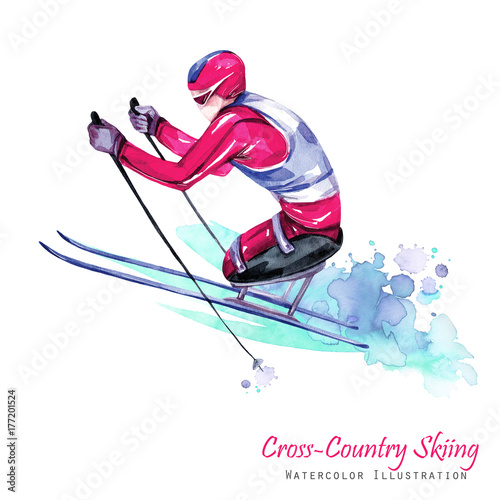Watercolor illustration. Cross-Country Skiing. Disability snow sports. Disabled athlete riding by ski on snow. Active people. Man. Disability and social policy. Social support. Extreme.