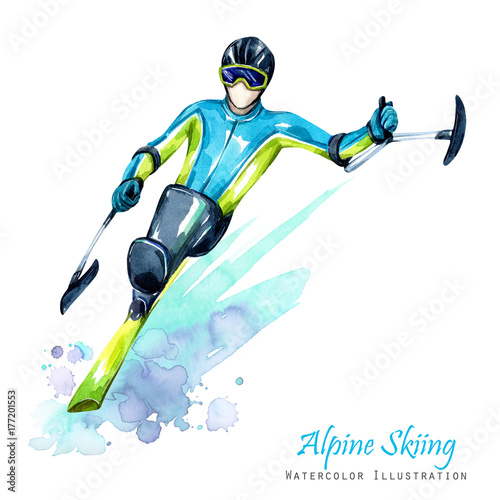 Watercolor illustration. Alpin Skiing. Disability snow sports. Disabled athlete riding by ski on snow. Active people. Man. Disability and social policy. Social support. Extreme.
