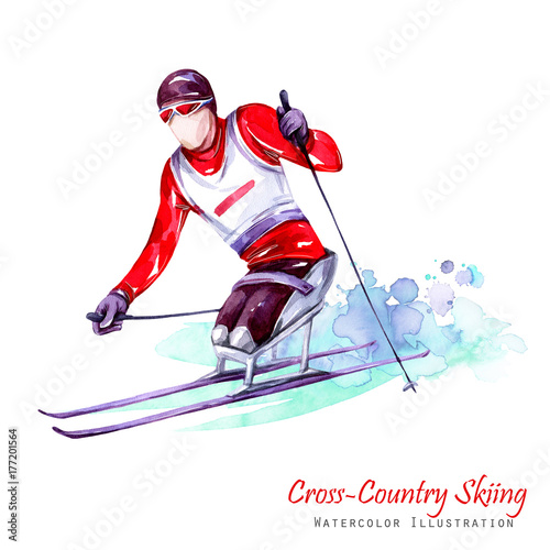 Watercolor illustration. Cross-Country Skiing. Disability snow sports. Disabled athlete riding by ski on snow. Active people. Man. Disability and social policy. Social support. Extreme.