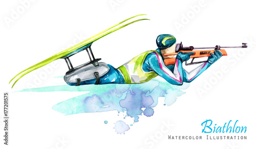 Watercolor illustration. Biathlon. Cross-Country Skiing. Disability snow sports. Disabled athlete shoots from a rifle. Active people. Disability and social policy. Social support. Extreme games.