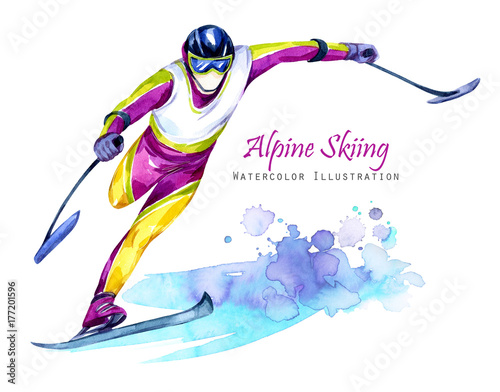 Watercolor illustration. Alpin Skiing. Disability snow sports. Disabled athlete riding by ski on snow. Active people. Man. Disability and social policy. Social support. Extreme.
