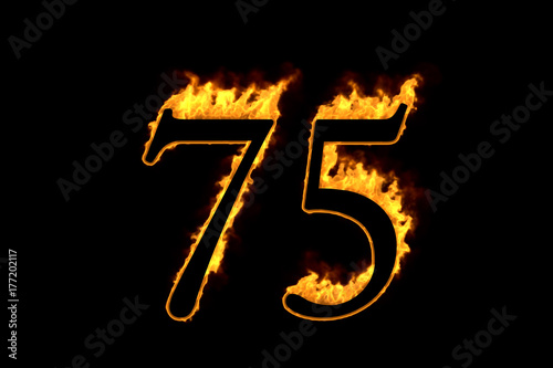 Fire number 75 isolated on black background  3d illustration